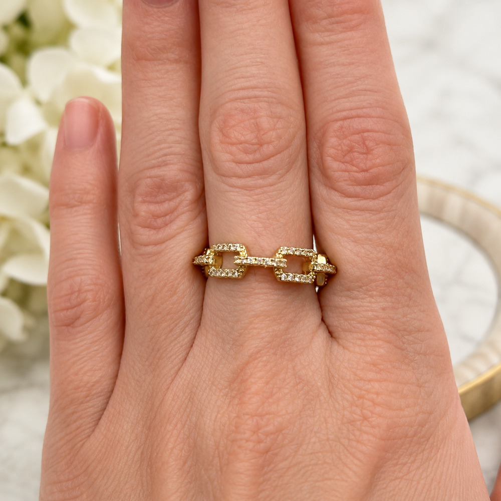 18K Gold Overlay AAA CZ Geometric Chain Link Ring Yellow Gold Tone Size 7
